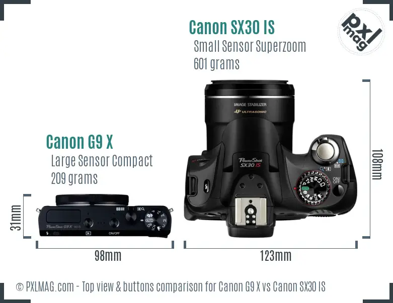 Canon G9 X vs Canon SX30 IS top view buttons comparison