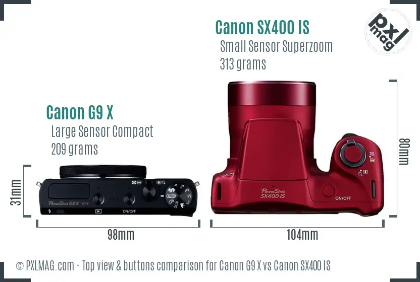 Canon G9 X vs Canon SX400 IS top view buttons comparison