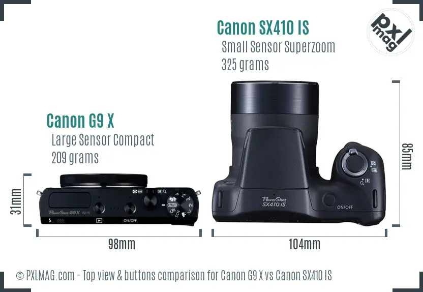 Canon G9 X vs Canon SX410 IS top view buttons comparison Canon G9 X vs Canon SX410 IS top view buttons comparison