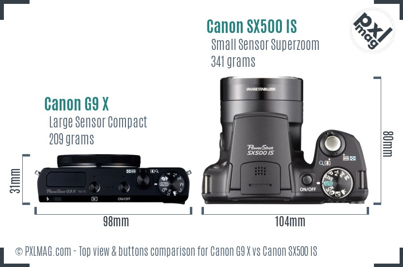 Canon G9 X vs Canon SX500 IS top view buttons comparison