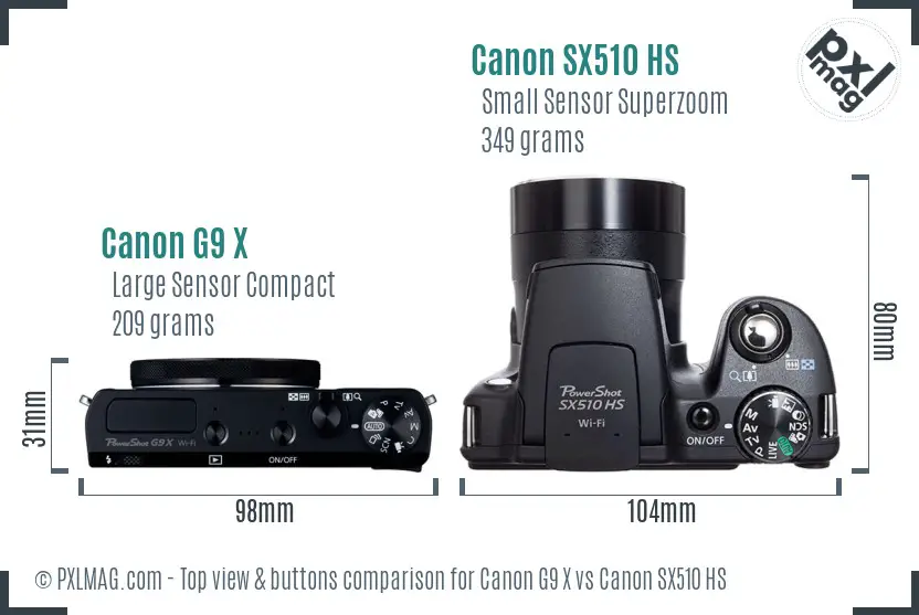 Canon G9 X vs Canon SX510 HS top view buttons comparison Canon G9 X vs Canon SX510 HS top view buttons comparison