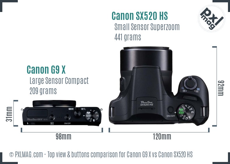 Canon G9 X vs Canon SX520 HS top view buttons comparison