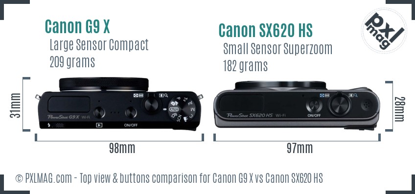 Canon G9 X vs Canon SX620 HS top view buttons comparison