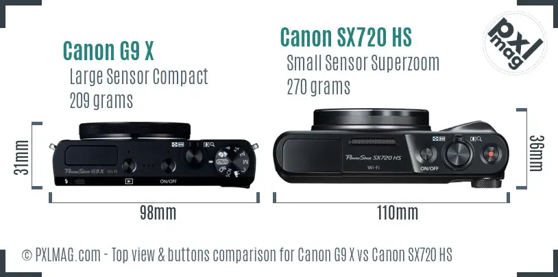 Canon G9 X vs Canon SX720 HS top view buttons comparison