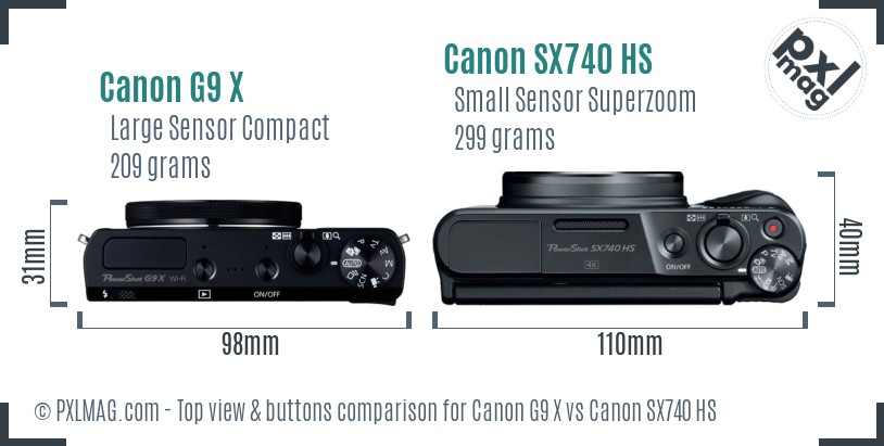 Canon G9 X vs Canon SX740 HS top view buttons comparison