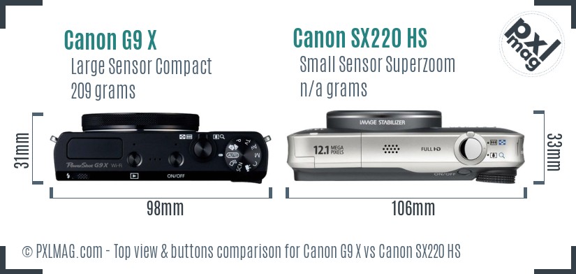 Canon G9 X vs Canon SX220 HS top view buttons comparison
