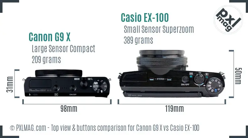 Canon G9 X vs Casio EX-100 top view buttons comparison