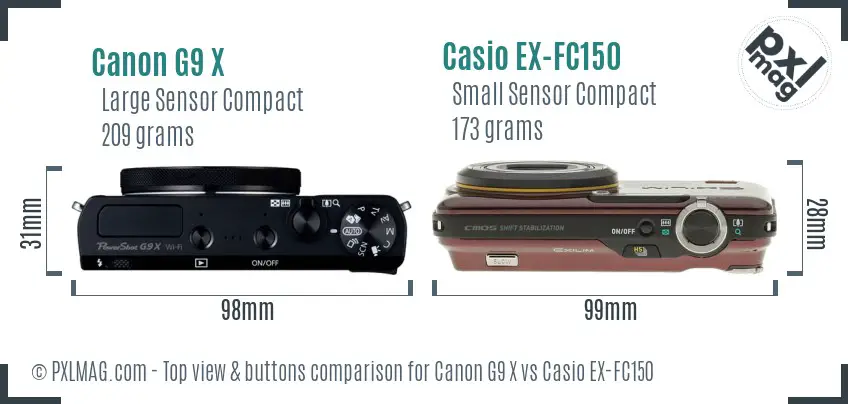 Canon G9 X vs Casio EX-FC150 top view buttons comparison