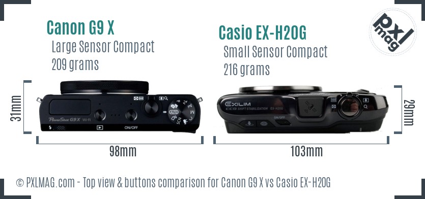 Canon G9 X vs Casio EX-H20G top view buttons comparison