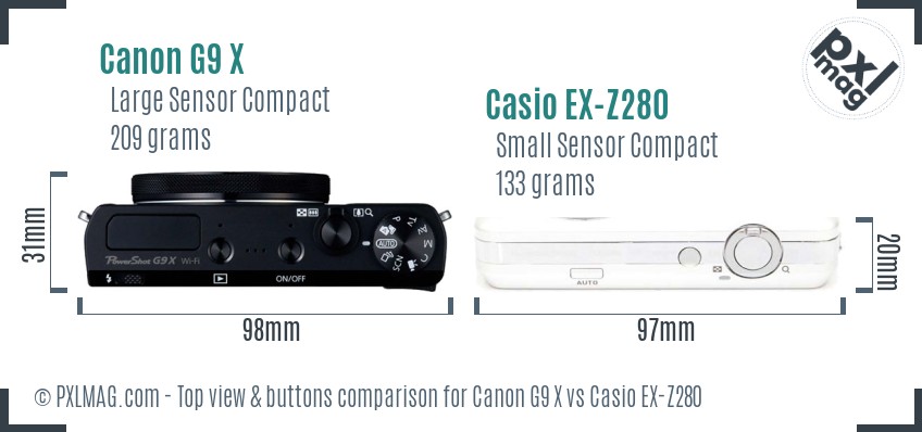 Canon G9 X vs Casio EX-Z280 top view buttons comparison