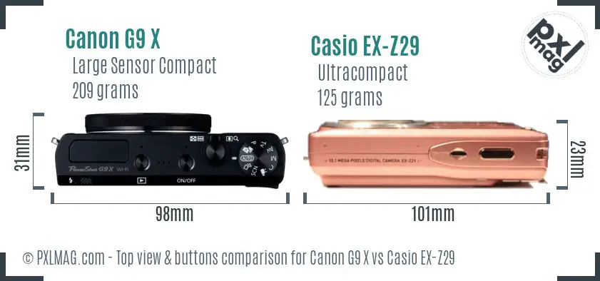 Canon G9 X vs Casio EX-Z29 top view buttons comparison