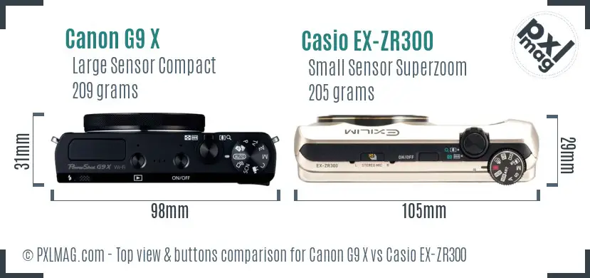 Canon G9 X vs Casio EX-ZR300 top view buttons comparison