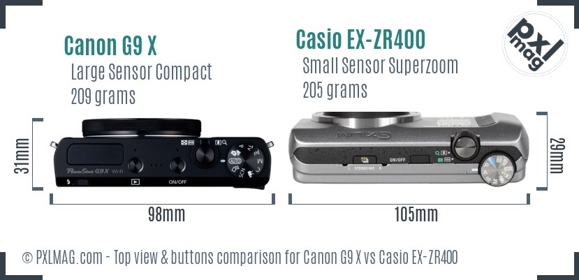Canon G9 X vs Casio EX-ZR400 top view buttons comparison