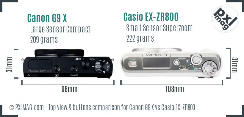 Canon G9 X vs Casio EX-ZR800 top view buttons comparison Canon G9 X vs Casio EX-ZR800 top view buttons comparison
