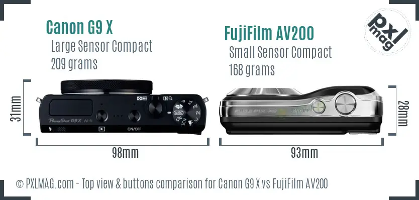 Canon G9 X vs FujiFilm AV200 top view buttons comparison