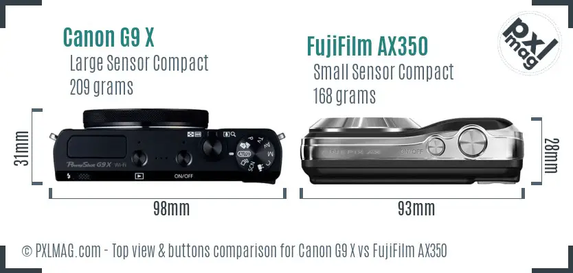 Canon G9 X vs FujiFilm AX350 top view buttons comparison