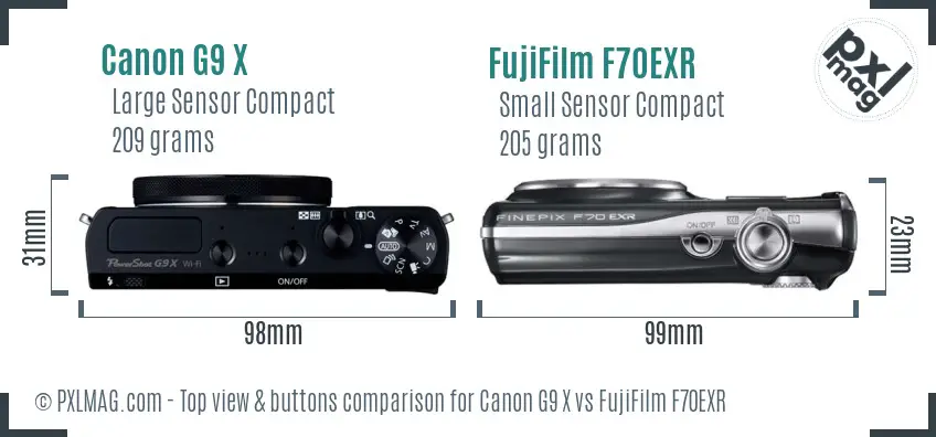 Canon G9 X vs FujiFilm F70EXR top view buttons comparison
