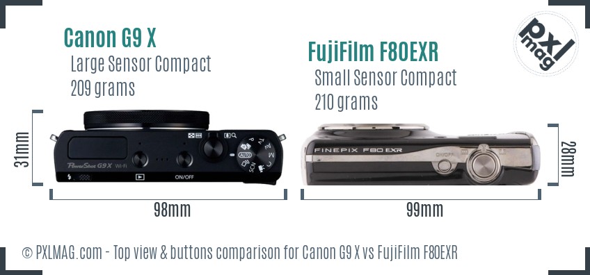 Canon G9 X vs FujiFilm F80EXR top view buttons comparison