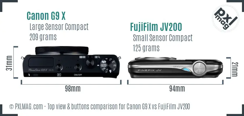Canon G9 X vs FujiFilm JV200 top view buttons comparison