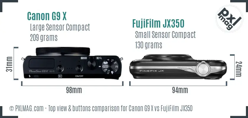 Canon G9 X vs FujiFilm JX350 top view buttons comparison