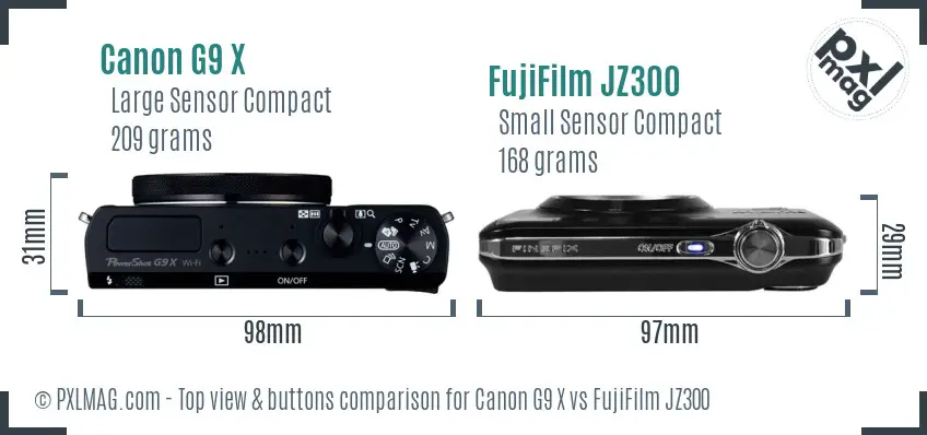 Canon G9 X vs FujiFilm JZ300 top view buttons comparison Canon G9 X vs FujiFilm JZ300 top view buttons comparison