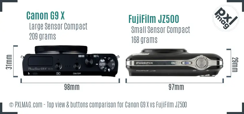 Canon G9 X vs FujiFilm JZ500 top view buttons comparison Canon G9 X vs FujiFilm JZ500 top view buttons comparison