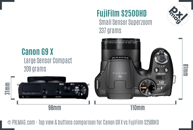 Canon G9 X vs FujiFilm S2500HD top view buttons comparison