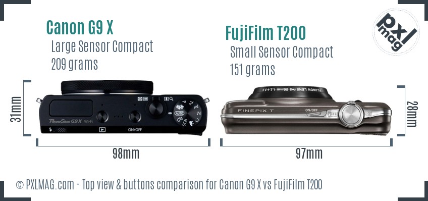 Canon G9 X vs FujiFilm T200 top view buttons comparison