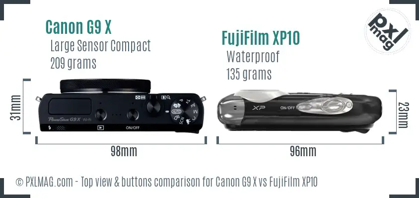 Canon G9 X vs FujiFilm XP10 top view buttons comparison