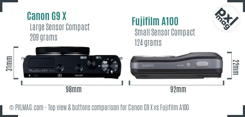 Canon G9 X vs Fujifilm A100 top view buttons comparison