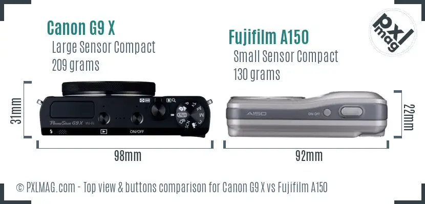 Canon G9 X vs Fujifilm A150 top view buttons comparison Canon G9 X vs Fujifilm A150 top view buttons comparison