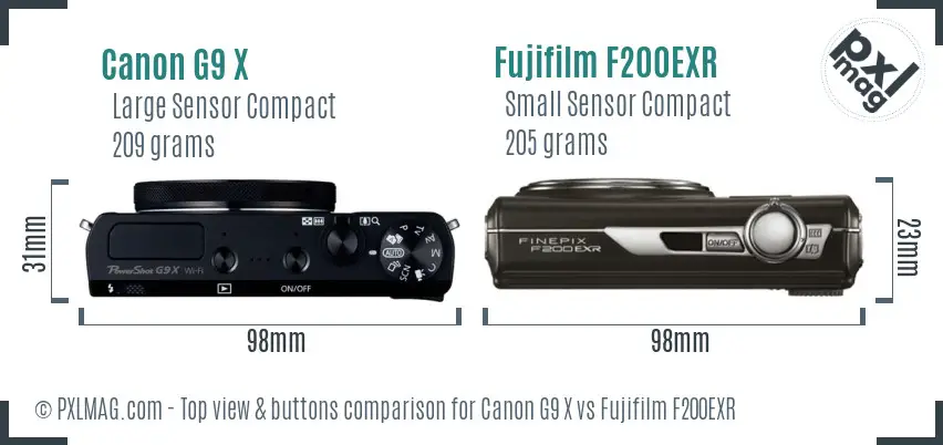 Canon G9 X vs Fujifilm F200EXR top view buttons comparison Canon G9 X vs Fujifilm F200EXR top view buttons comparison