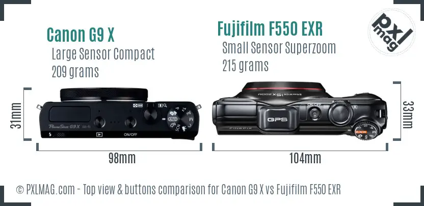 Canon G9 X vs Fujifilm F550 EXR top view buttons comparison