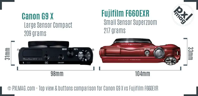 Canon G9 X vs Fujifilm F660EXR top view buttons comparison