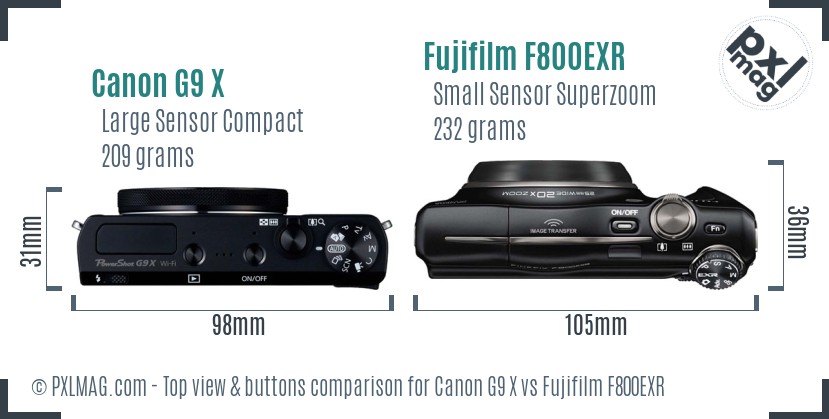 Canon G9 X vs Fujifilm F800EXR top view buttons comparison