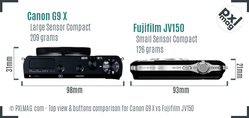 Canon G9 X vs Fujifilm JV150 top view buttons comparison