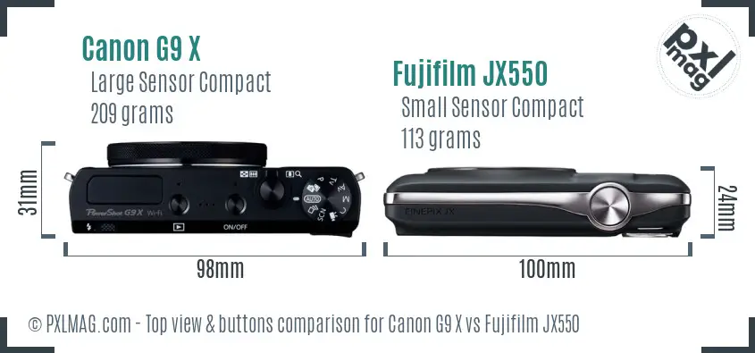 Canon G9 X vs Fujifilm JX550 top view buttons comparison Canon G9 X vs Fujifilm JX550 top view buttons comparison