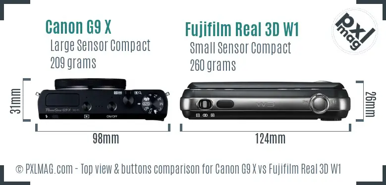 Canon G9 X vs Fujifilm Real 3D W1 top view buttons comparison