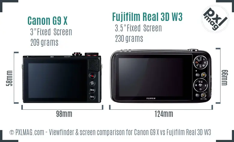 Canon G9 X vs Fujifilm Real 3D W3 Screen and Viewfinder comparison