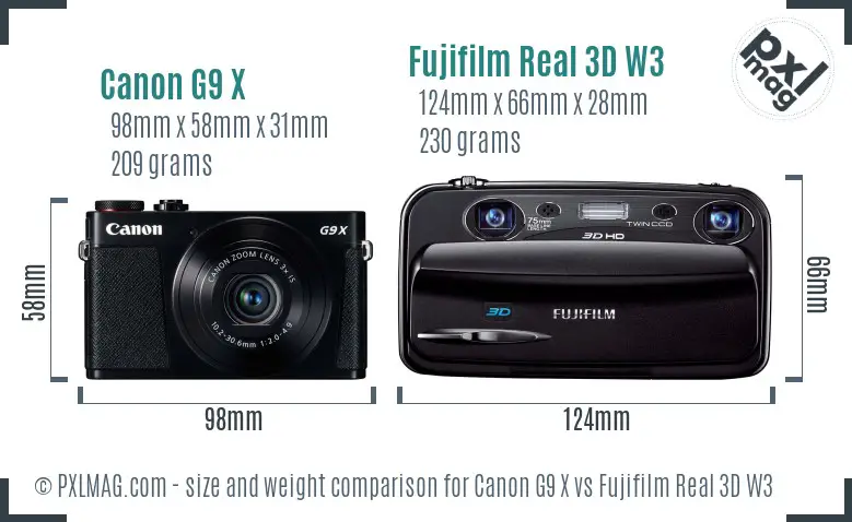 Canon G9 X vs Fujifilm Real 3D W3 size comparison