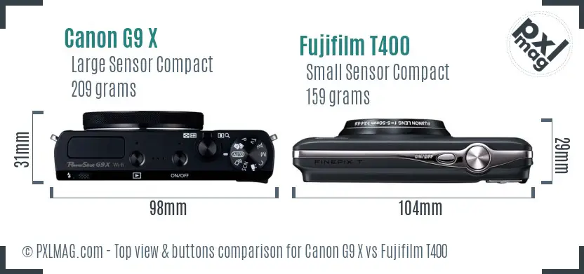 Canon G9 X vs Fujifilm T400 top view buttons comparison Canon G9 X vs Fujifilm T400 top view buttons comparison