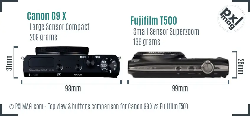 Canon G9 X vs Fujifilm T500 top view buttons comparison