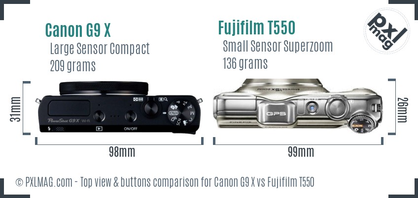Canon G9 X vs Fujifilm T550 top view buttons comparison