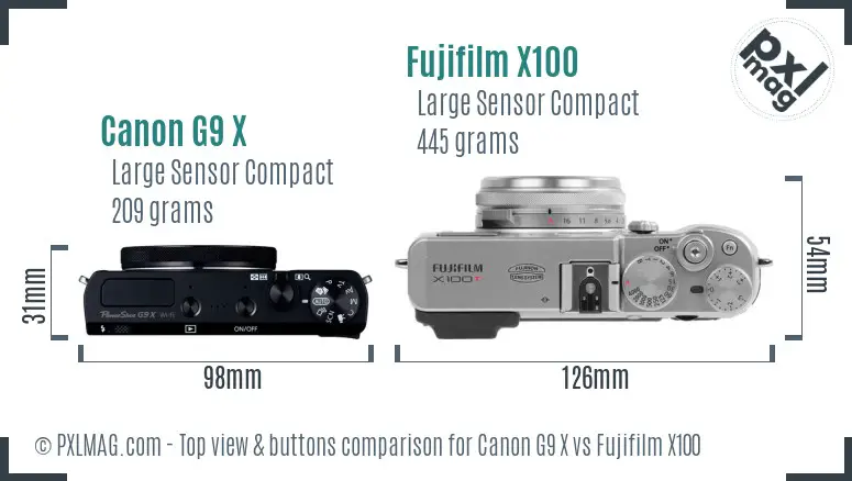 Canon G9 X vs Fujifilm X100 top view buttons comparison