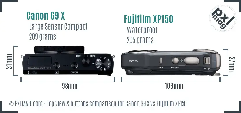 Canon G9 X vs Fujifilm XP150 top view buttons comparison
