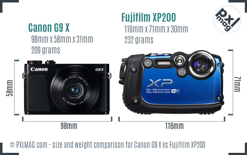Canon G9 X vs Fujifilm XP200 size comparison
