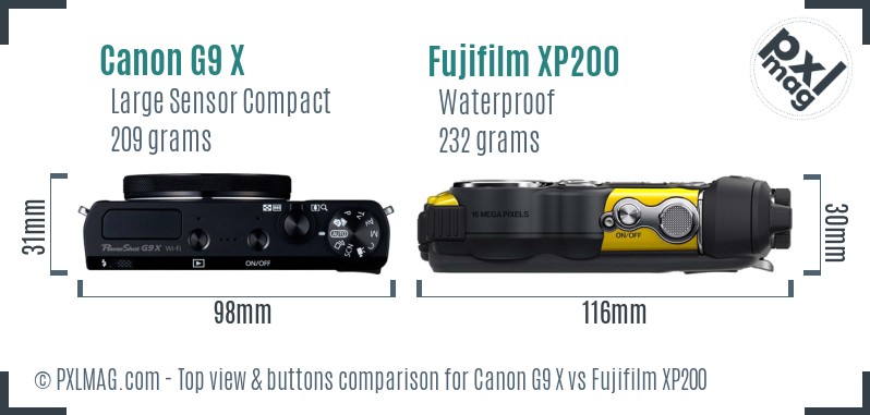 Canon G9 X vs Fujifilm XP200 top view buttons comparison