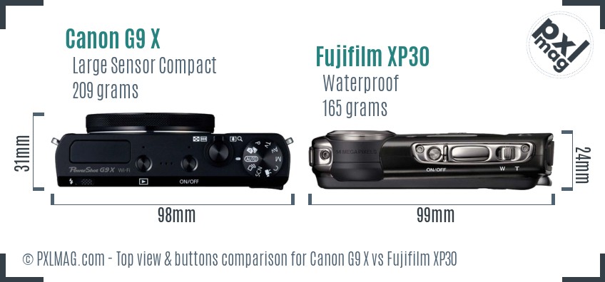 Canon G9 X vs Fujifilm XP30 top view buttons comparison