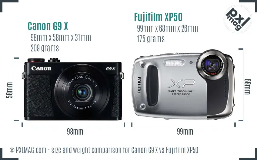 Canon G9 X vs Fujifilm XP50 size comparison