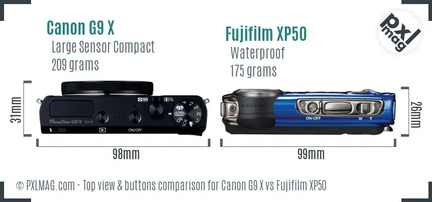 Canon G9 X vs Fujifilm XP50 top view buttons comparison
